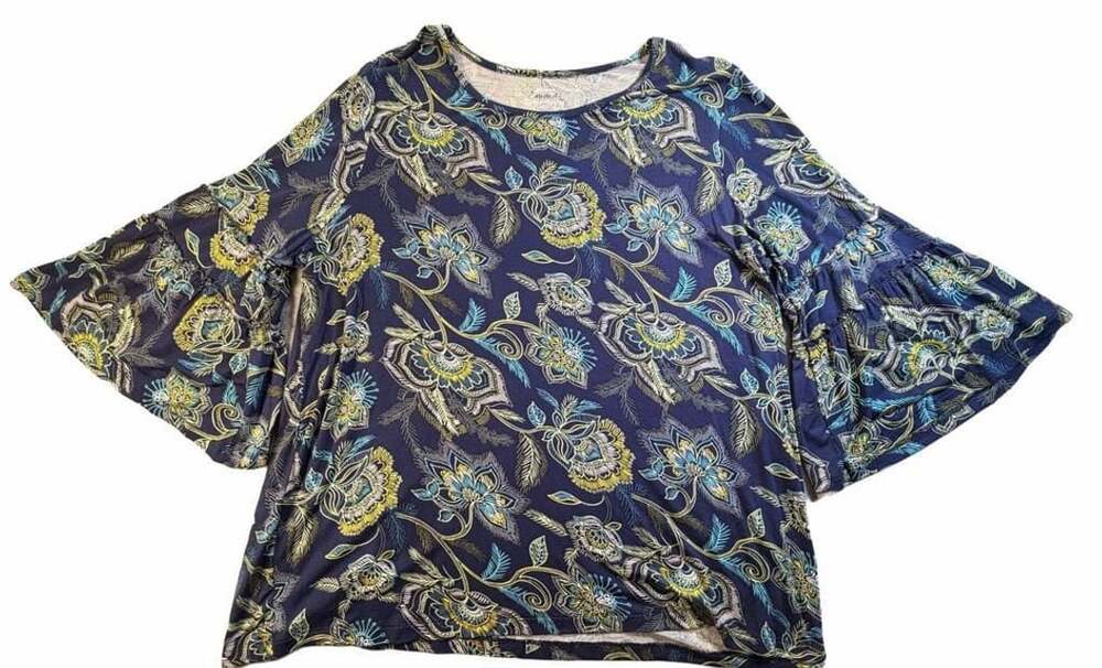 Simply Emma Floral Bell Sleeve Top Size 2X Blue Paisley Tunic Blouse